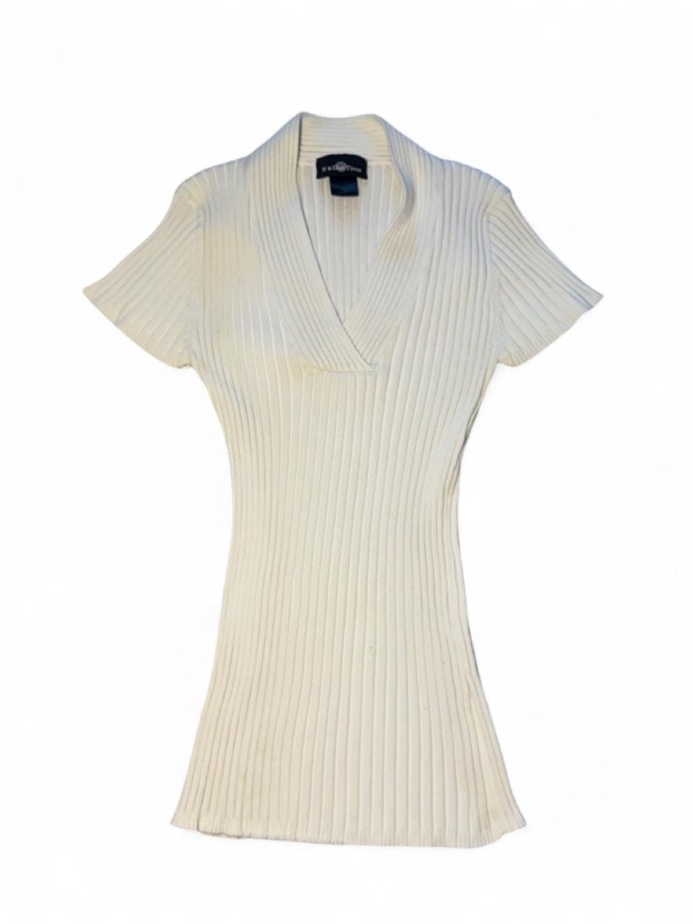 Vintage Y2K office siren White ribbed knit shorts sleeve v neck blouse☮️